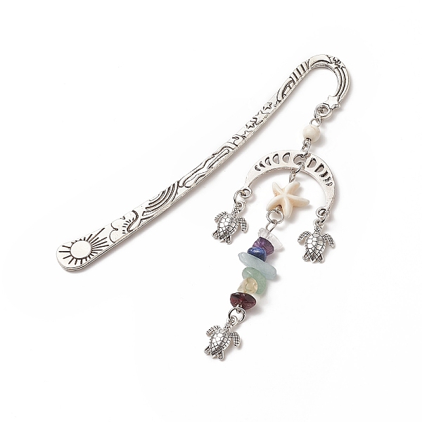 

PandaHall Moon Phase & Sea Turtle Pendant Bookmarks, Gemstone Chip Bookmarks, Alloy Hook Bookmark, 205mm Mixed Stone Moon