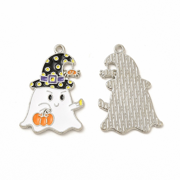 

PandaHall Rack Plating Alloy Enamel Pendants, Cadmium Free & Nickel Free & Lead Free, Halloween Theme, Ghost with Hat & Pumpkin Pattern..., Black