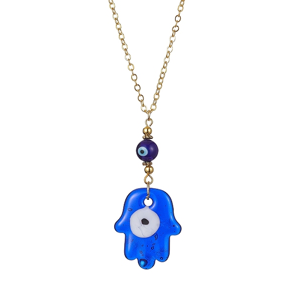 

PandaHall Transparent Handmade Lampwork Religion Hamsa Hand Pendant Necklaces, Blue Evil Eye Necklace with Brass Cable Chains, Golden, 15.39...
