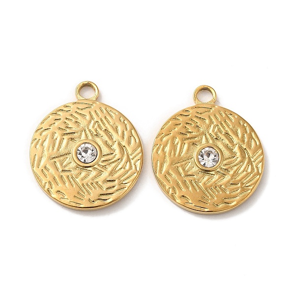 

PandaHall 201 Stainless Steel Pendants, with Rhinestone, Textured, Flat Round Charm, Real 18K Gold Plated, 20x17x2.5mm, Hole: 2mm Stainless...