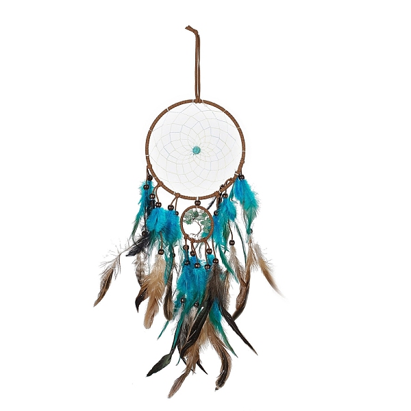 

PandaHall Iron Woven Web/Net with Feather Pendant Decorations, with Plastic, Wood & Green Aventurine Beads, Covered with Leather and Brass...