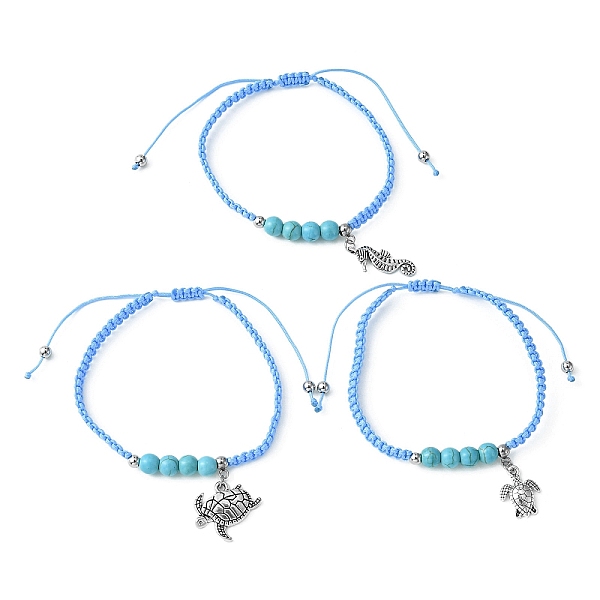 

PandaHall 3Pcs 3 Style Turtle & Sea Horse Alloy Charm Bracelets Set, Synthetic Turquoise Braided Adjustable Bracelets, Inner Diameter...