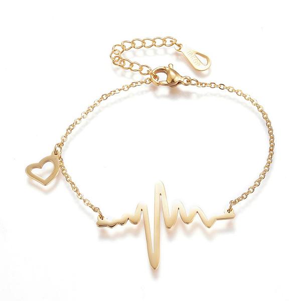 

PandaHall 304 Stainless Steel Link & Charm Bracelets, Heartbeat, with Lobster Claw Clasps, Golden, 6-3/4 inch(170mm) 304 Stainless Steel