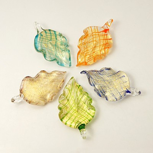 

PandaHall Handmade Lampwork Big Pendants, with Gold Powder, Leaf, Mixed Color, 59x31x10mm, Hole: 6.5x6mm Lampwork Leaf Multicolor