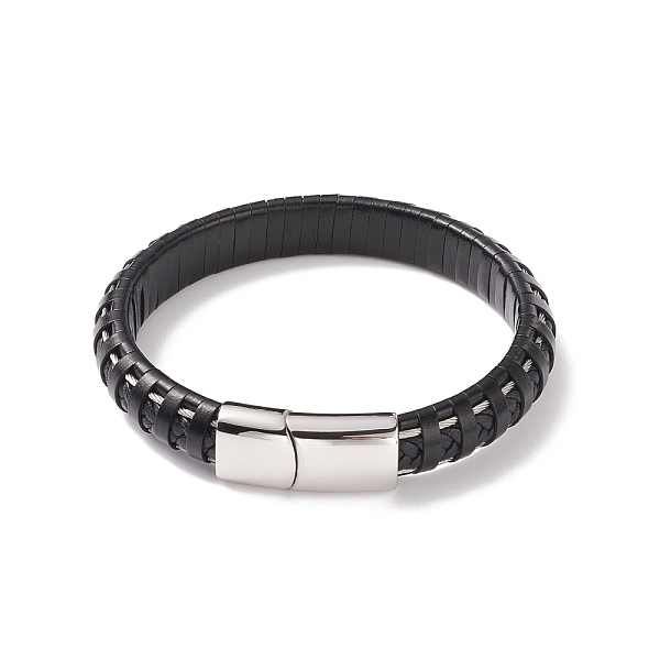 

PandaHall Leather Braided Cord Bracelets, with 304 Stainless Steel Magnetic Clasps, Black, Stainless Steel Color, 8-7/8 inch(22.5cm), 11.5mm...