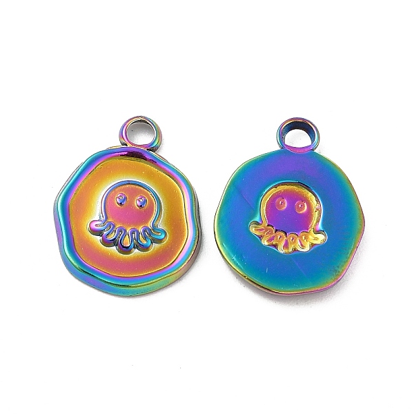 

PandaHall Ion Plating(IP) 304 Stainless Steel Pendants, Flat Round with Octopus Charm, Rainbow Color, 16x13x2mm, Hole: 2mm 304 Stainless...