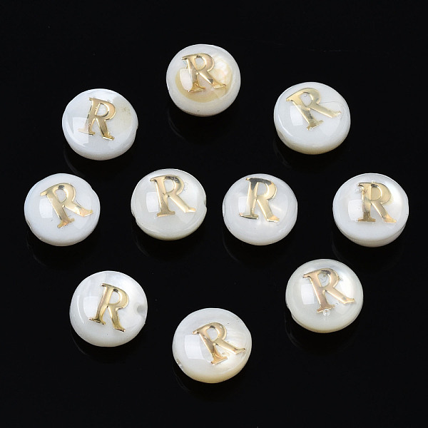 

PandaHall Natural Freshwater Shell Beads, with Golden Plated Brass Etched Metal Embellishments, Flat Round with Letter, Seashell Color...