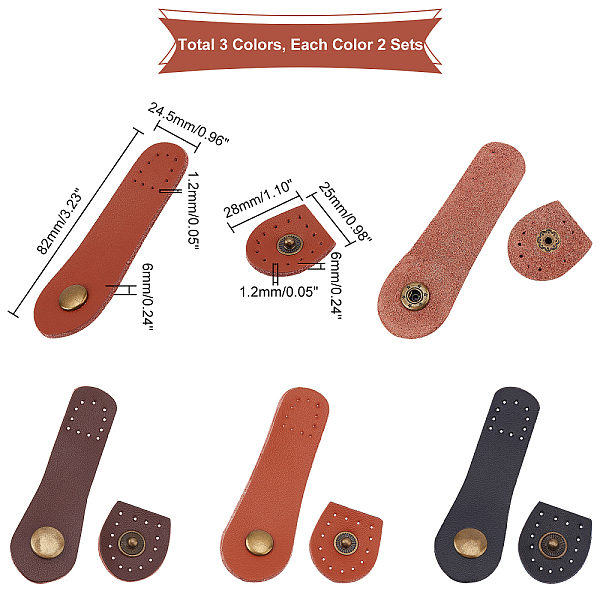 

PandaHall WADORN 6 Sets Cowhide Leather Snap Buckles. 3 Colors Leather Tab Closure for Purse Sew On Leather Snap Buttons Wallet Bag Buckle..., Multicolor
