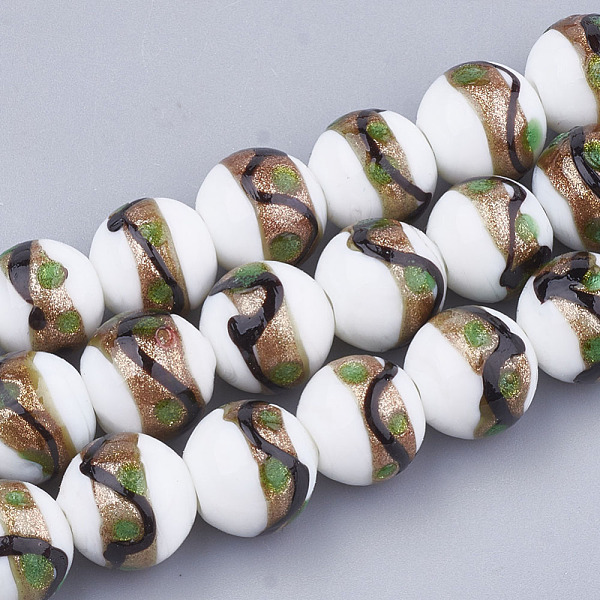 

PandaHall Handmade Gold Sand Lampwork Beads, Round, White, 12~12.5x11~12mm, Hole: 1.5~2mm Lampwork Round White