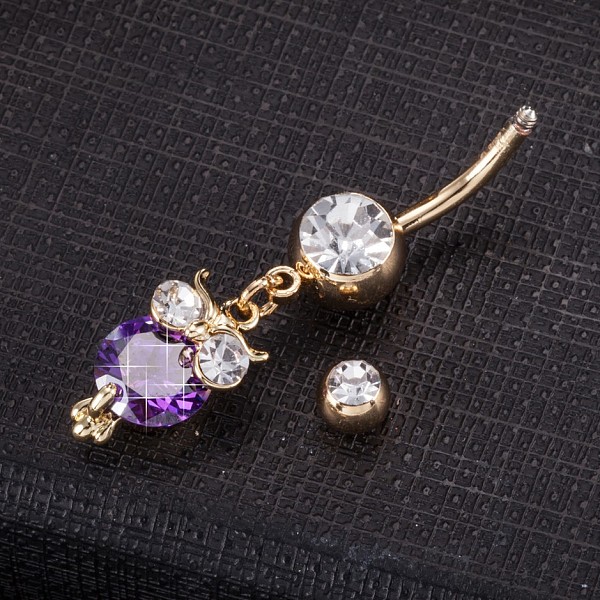 

PandaHall Piercing Jewelry, Brass Cubic Zirconia Navel Ring, Belly Rings, with 304 Stainless Steel Bar, Cadmium Free & Lead Free, Real 18K..., Purple