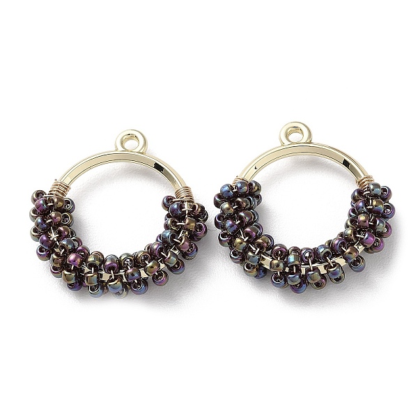 

PandaHall Brass Ring with Seed Beaded Pendants, Donut Charms, Black, 25x24x5.5mm, Hole: 1.6mm Brass+Glass Donut Black