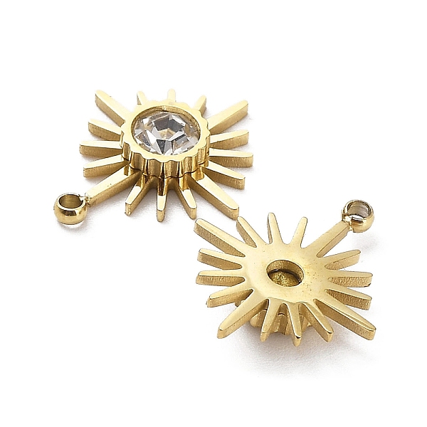 

PandaHall Ion Plating(IP) 304 Stainless Steel Charm, with Glass, Sun Charm, Real 18K Gold Plated, 14.5x13x3mm, Hole: 1.2mm Stainless..., Clear