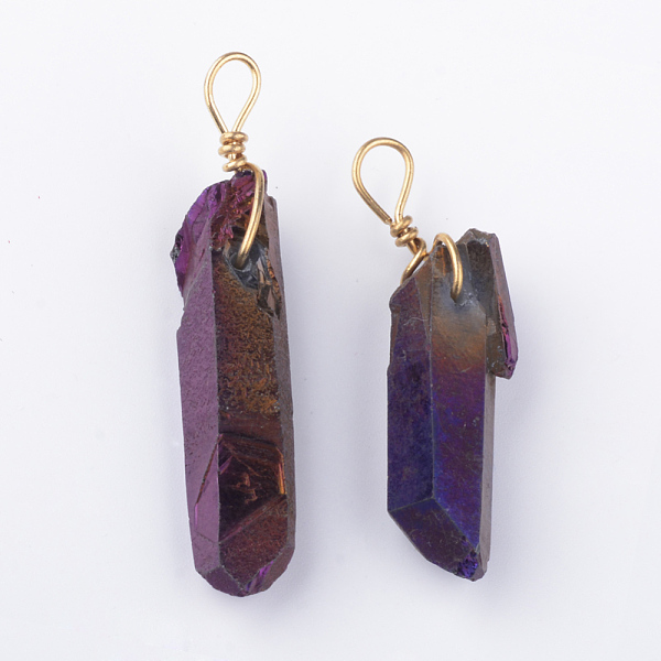 

PandaHall Electroplate Natural Quartz Pendants, with Brass Findings, Purple, 35~50x8~13x6~11mm, Hole: 3mm Quartz Crystal Others Purple