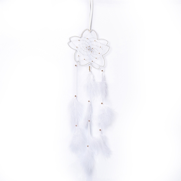 PandaHall Handmade Flower Woven Net/Web with Feather Wall Hanging Decoration, with Beads & Cotton Thread, for Home Offices Amulet Ornament...