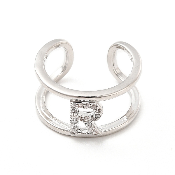 

PandaHall Clear Cubic Zirconia Initial Letter Open Cuff Ring, Platinum Brass Double Line Ring for Women, Lead Free & Cadmium Free, Letter.R...