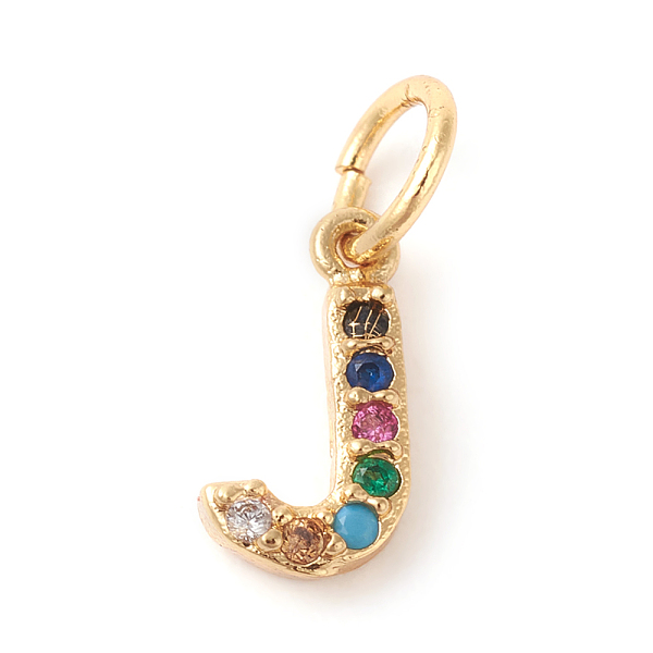 

PandaHall Brass Micro Pave Colorful Cubic Zirconia Charms, Golden, Letter.J, 9x5x2mm, Hole: 3mm Brass+Cubic Zirconia Letter J