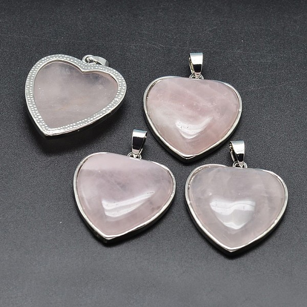 Heart Platinum Plated Brass Natural Rose Quartz Pendants