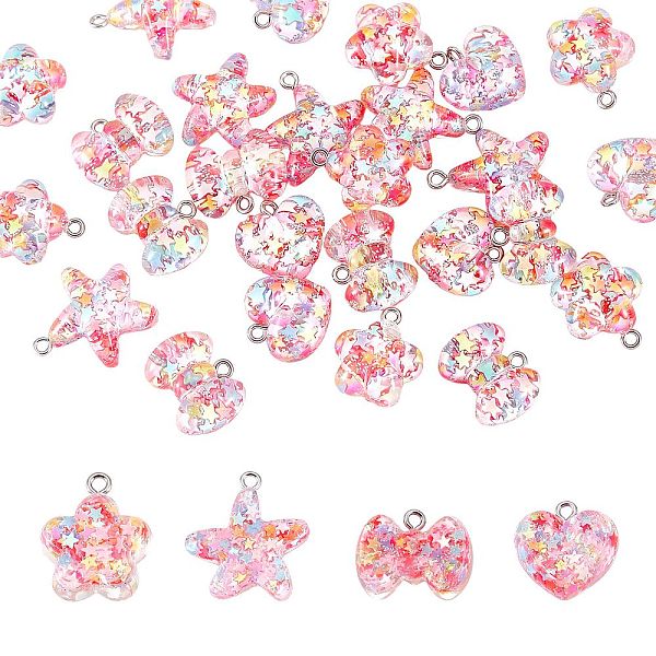 

PandaHall 32Pcs 4 Styles Transparent Resin Pendants, with Platinum Tone Iron Loops & Glitter Powder, Star & Heart & Plum Bossom & Bowknot...