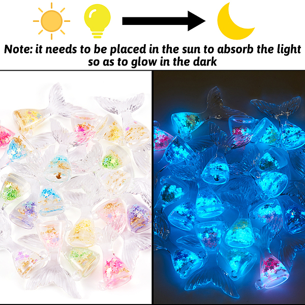 

PandaHall 28Pcs 7 Colors Luminous Transparent Resin Pendants, Fishtail Charms with Star Paillette Inside, Glow in Dark, Mixed Color..., Multicolor