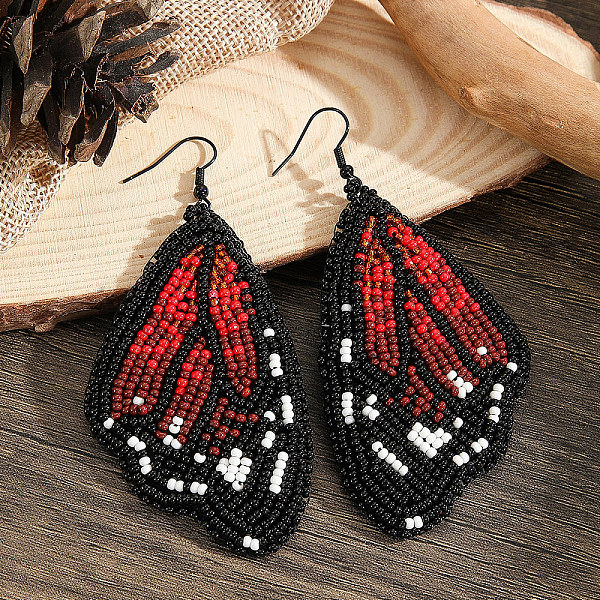 Bohemian Style Red Butterfly Wing Glass Bead Handmade Dangle Earrings