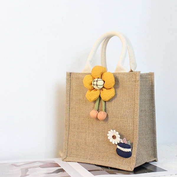 

PandaHall Jute Tote Bags Soft Cotton Handles Laminated Interior, with Cloth Flower Decoration and Handles, for Embroidery DIY Art Crafts...