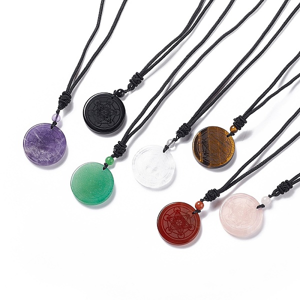 Natural Gemstone Flat Round With Hexagon Pendant Necklace With Nylon Cord For Women