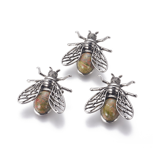 

PandaHall Natural Unakite Brooches, with Brass Findings, Cicada, Antique Silver, 38x36x8mm, Pin: 0.6mm Unakite