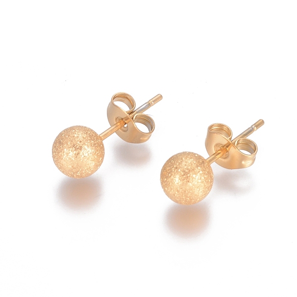 

PandaHall Ion Plating(IP) 304 Stainless Steel Stud Earrings, Ball Stud Earrings, Textured, with Earring Backs, Golden, 17x6mm, Pin: 0.8mm...