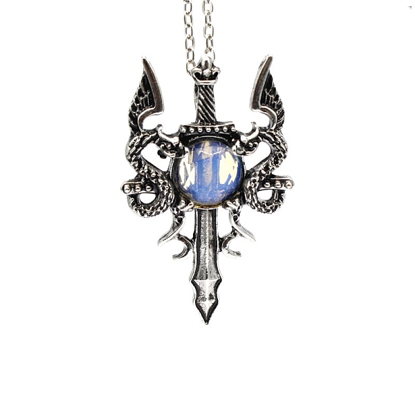 

PandaHall Opalite Dragon Sword Pendant Necklace, Gothic Alloy Jewelry for Men Women, Antique Silver & Platinum, 19.69 inch(50cm) Opalite