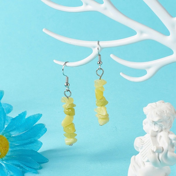 

PandaHall Natural Lemon Jade Chip Beads Dangle Earrings, Brass Jewelry for Girl Women, Platinum, 53.5~54.5mm, Pin: 0.5mm Lemon Jade