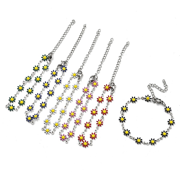 

PandaHall 304 Stainless Steel Flower Link Chain Bracelets with Enamel, Mixed Color, 6-1/2 inch(16.5cm) 304 Stainless Steel Flower Multicolor