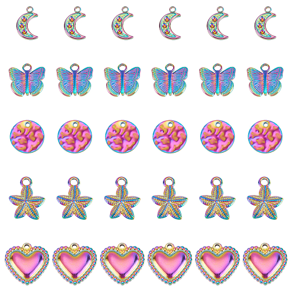 

PandaHall DICOSMETIC 30Pcs 5 Style 304 Stainless Steel Charms, 3D Butterfly & Starfish & Moon & Heart & Flat Round, Rainbow Color...