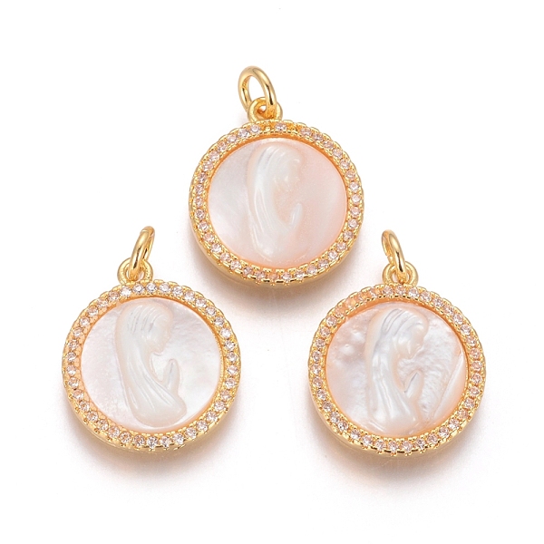 

PandaHall Brass Pendants, with Micro Pave Cubic Zirconia, Shell and Jump Rings, Flat Round with Virgin Mary, Clear, Golden, 18x15x3mm, Hole...
