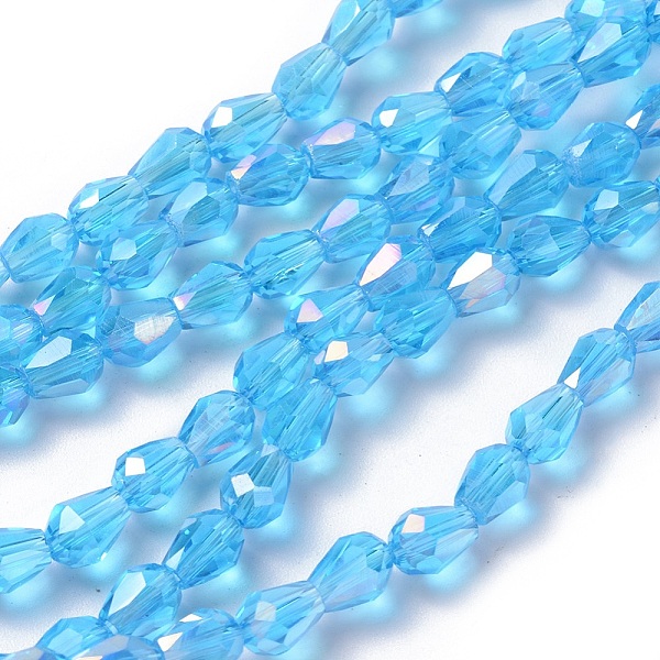 PandaHall Electroplate Glass Beads Strands, AB Color Plated, Faceted Teardrop, Sky Blue, 7x5mm, about 65~67pcs/strand, 18~18.5 inch...