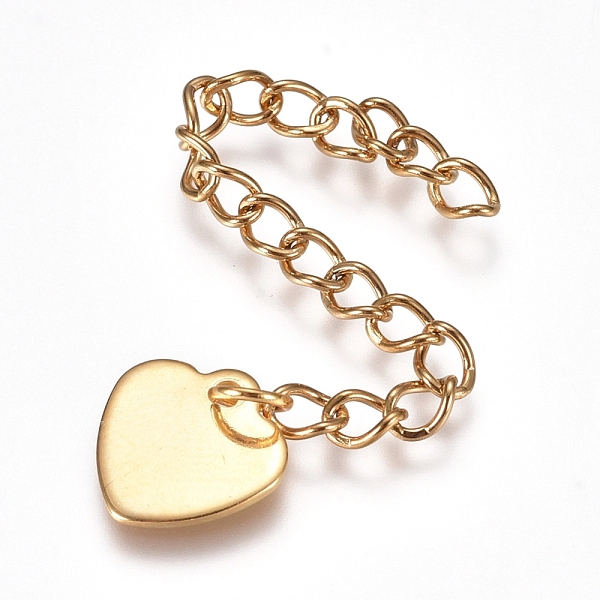 

PandaHall 304 Stainless Steel Chain Extender, Curb Chain, with Charms, Heart, Golden, 61mm, Link: 4x3x0.5mm 304 Stainless Steel