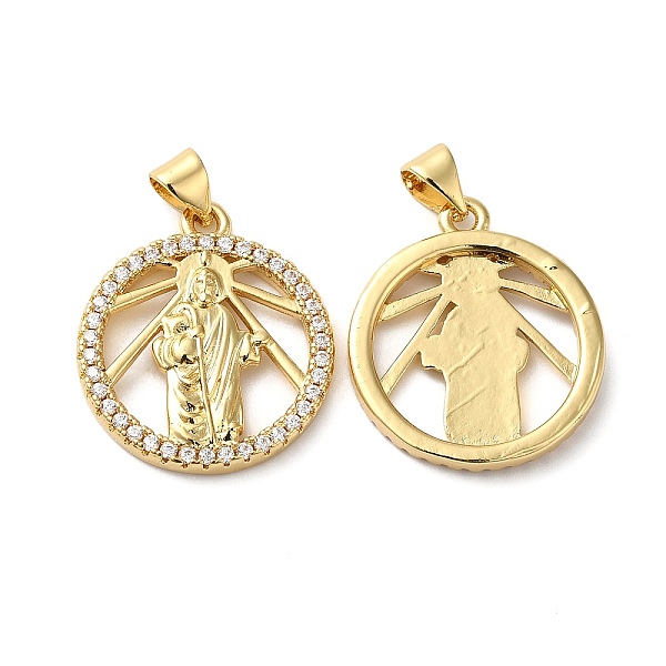 

PandaHall Rack Plating Brass Pave Cubic Zirconia Pendants, Lead Free & Cadmium Free, Long-Lasting Plated, Flat Round with Saint Jude Pattern..., Clear