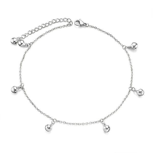 

PandaHall SHEGRACE Brass Charm Anklets, with Cable Chains, Small Bell, Platinum, 9-1/2 inch(24cm) Brass