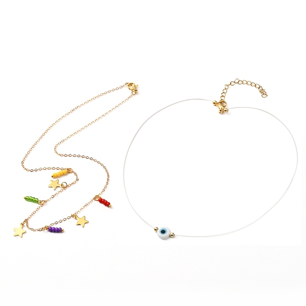 

PandaHall Brass Cable Chains Pendant Necklaces Sets, with Nylon Wire, 304 Stainless Steel Findings and Glass Seed Beads & Evil Eye Lampwork..., White
