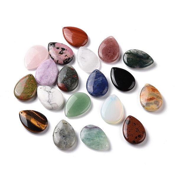 PandaHall Natural & Synthetic Mixed Gemstone Pendants, Teardrop Charms, 35~35.5x25x6.5~9mm, Hole: 1.4~1.5mm Mixed Stone Teardrop Multicolor