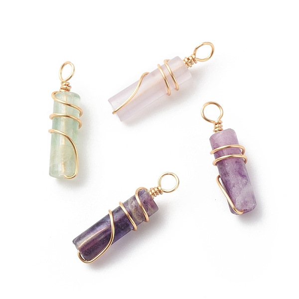 

PandaHall Natural Fluorite Pendants, with Golden Tone Copper Wire Wrapped, Column Charm, 18.5~20x5~5.5mm, Hole: 2.5mm Fluorite Column