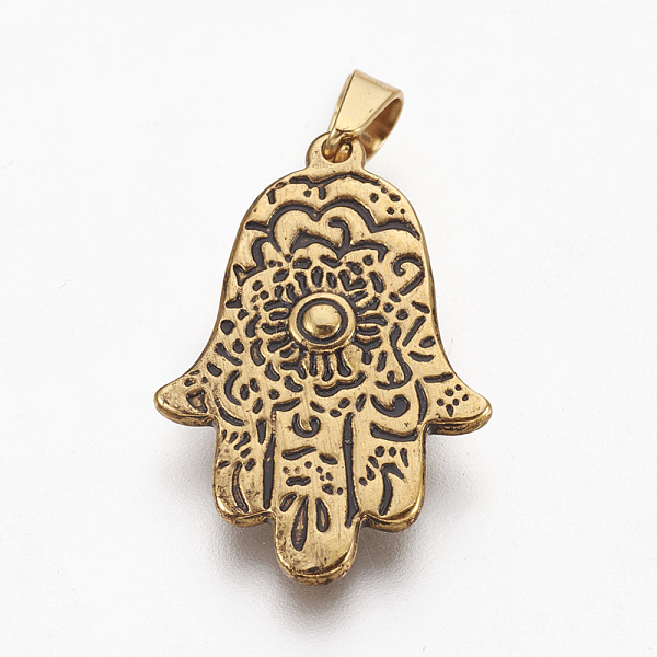 

PandaHall 304 Stainless Steel Pendants, with Evil Eye Lampwork, Hamsa Hand/Hand of Fatima /Hand of Miriam, Antique Golden, 29x19x5mm, Hole..., Blue