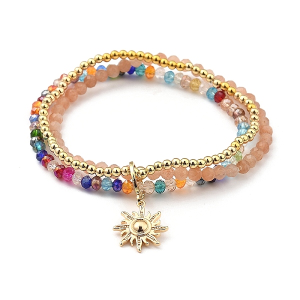 

PandaHall Stretch Bracelets, with Natural Sunstone Beads, Glass Beads, Brass Beads & Sun Pendant, Golden, Inner Diameter: 5.5cm(2-1/8 inch)..., Multicolor