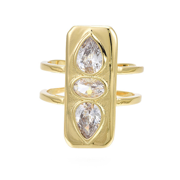 

PandaHall Cubic Zirconia Rectangle Open Cuff Ring, Real 18K Gold Plated Brass Double Line Wide Ring for Women, Nickel Free, Clear, US Size 7...
