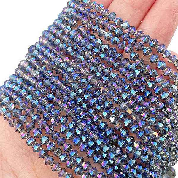 

PandaHall Transparent Electroplate Glass Beads Strands, Full Rainbow Plated, Faceted, Bicone, Steel Blue, 3.7x3.2mm, Hole: 0.8mm, about...