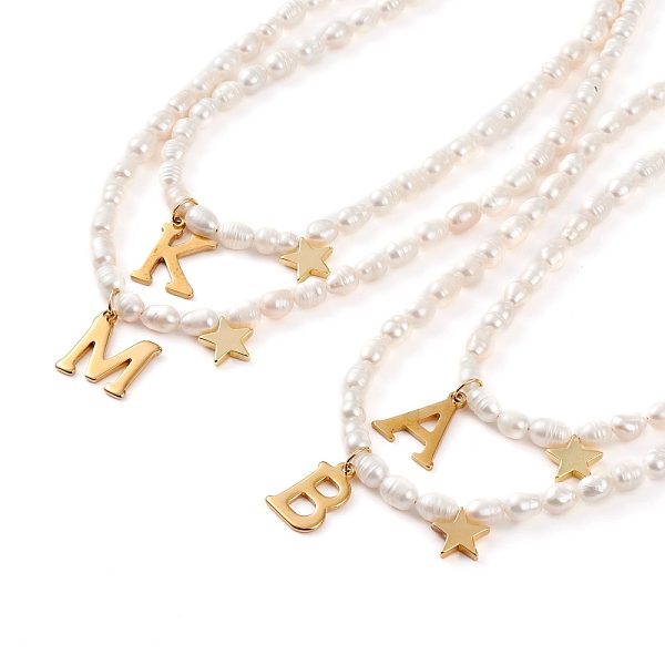 

PandaHall 304 Stainless Steel Initial Pendant Necklaces, with Rice Natural Pearl Beads and Brass Star Charms, Letter, White, Golden, Mixed...