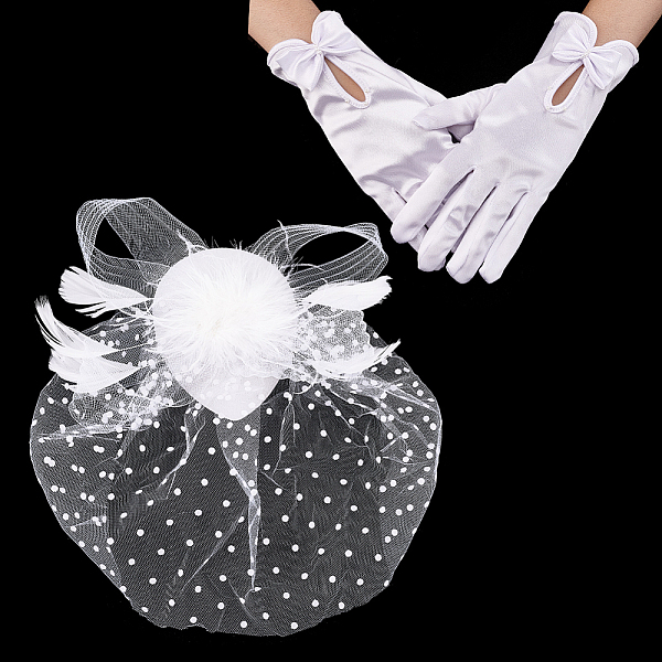 

PandaHall AHADERMAKER 1 Pair Bowknot Pattern Gloves, for Wedding Bride Supplies, with 1Pc Fascinators Tea Party Hat Gauze & Felt Alligator..., White