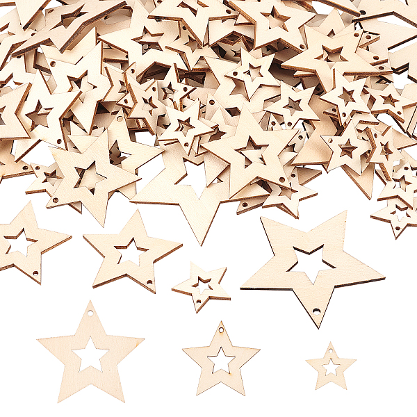 

PandaHall Olycraft Hollow Natural Wood Pendants, Undyed, Wood Slice, Star, Blanched Almond, 200pcs/set Wood Star