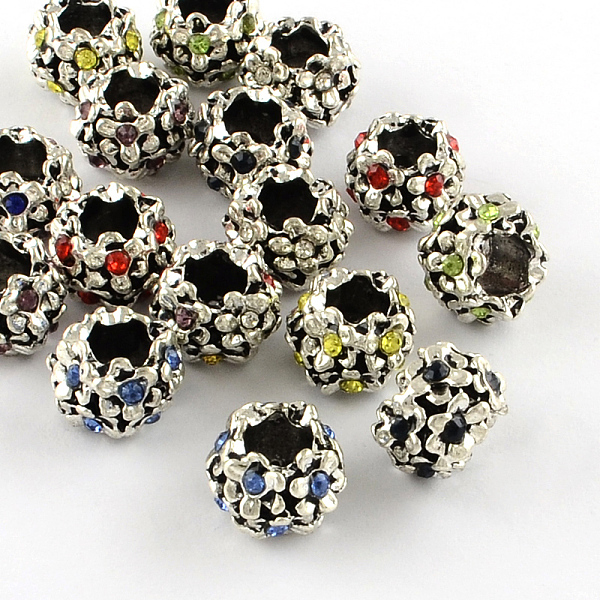 

PandaHall Antique Silver Plated Alloy Rhinestone Flower Large Hole European Beads, Mixed Color, 11x8mm, Hole: 5mm Alloy+Rhinestone Rondelle..., Multicolor