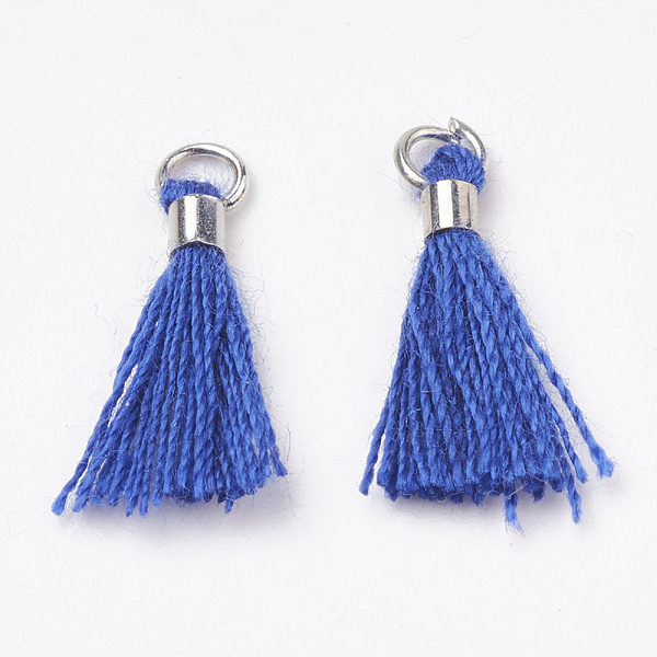 

PandaHall Polycotton(Polyester Cotton) Tassel Pendant Decorations, Mini Tassel, with Brass Findings, Platinum, Blue, 10~15x3~4mm, Hole: 2mm...