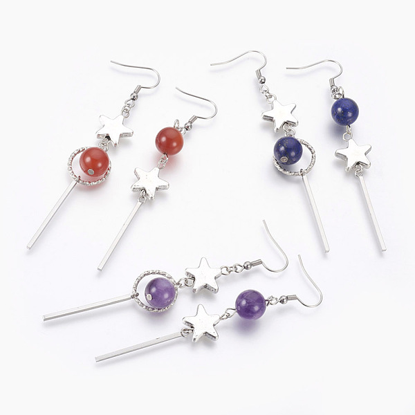PandaHall Natural Gemstone Dangle Earrings, with Alloy Star Beads and 304 Stainless Steel Findings, 84~88mm, Pendant: 64~68mm, Pin: 0.6mm...